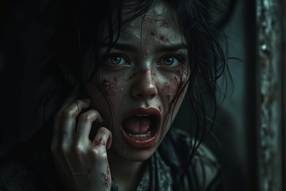 Imagen Hyper-realista de una sexy mujer de pie, grita, horror, monstruos, tentáculos, fantasmas, gritos, horror, atmósfera oscura, humo negro, sudor, sangre, contraste, surrealista. Una mujer muy sexy asustada llorando y gritando ,ojos muy abiertos de espanto, saca la mano como pidiendo ayuda intentando salir de la cacofonía de pesadilla que la rodea. Monstruos grotescos con fauces abiertas y miembros retorcidos gritan en silencio, con los rostros contorsionados de rabia. Tentáculos sombríos y espectros etéreos se arremolinan amenazadoramente alrededor de su cabeza. Imegen Hyperrealista 8K muy alta calidad y definicion.