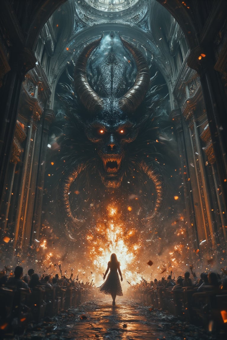En una gran catedral gotica,  una mujer se encuentra en una feroz batalla contra un demonio retorcido de humo negro gigant...