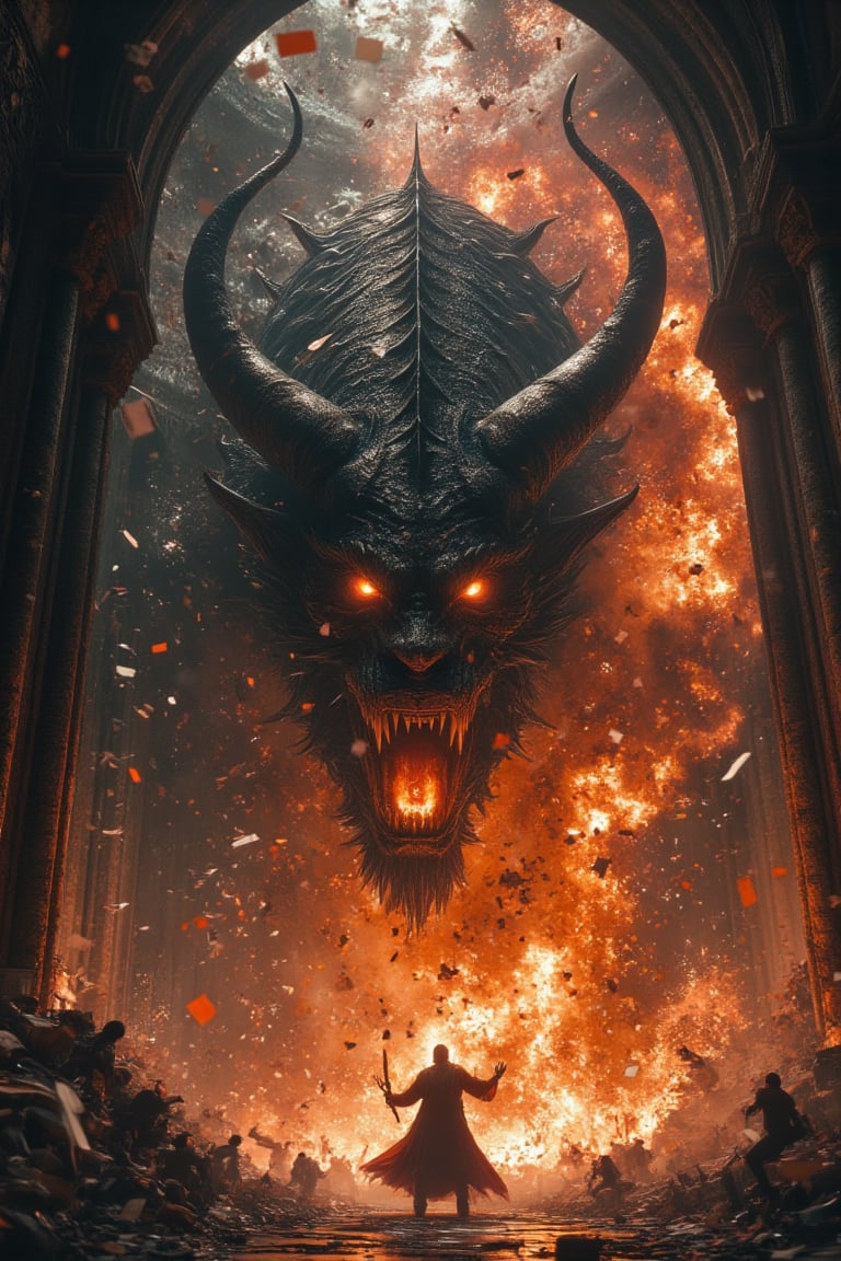 En una gran catedral gotica,  un hombre se encuentra en una feroz batalla contra un demonio negro gigantesco y amenazador...