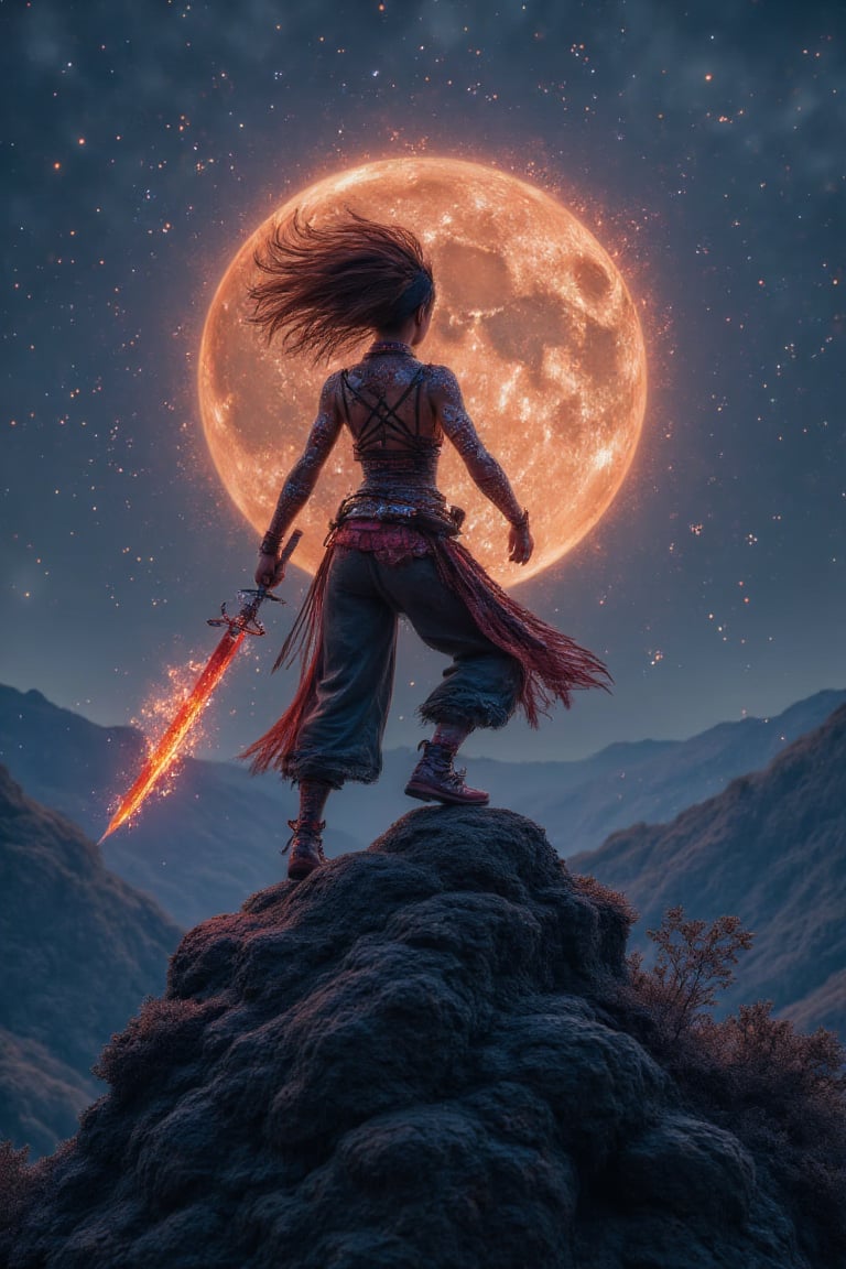 una mujer muy sexy de pie en la cima de una montaña con una espada de fuego, very beautiful cyberpunk samurai, la guerra nocturna se desata detrás de él, Gran composición cinematográfica, tendencia en CGSociety art, tendencia en artstation.', tendencia en CGSociety, [ tendencia en CGSociety ]!!, composición intrincada y épica, Beeple cinematográfico, Imagen Hyper-realista 8K