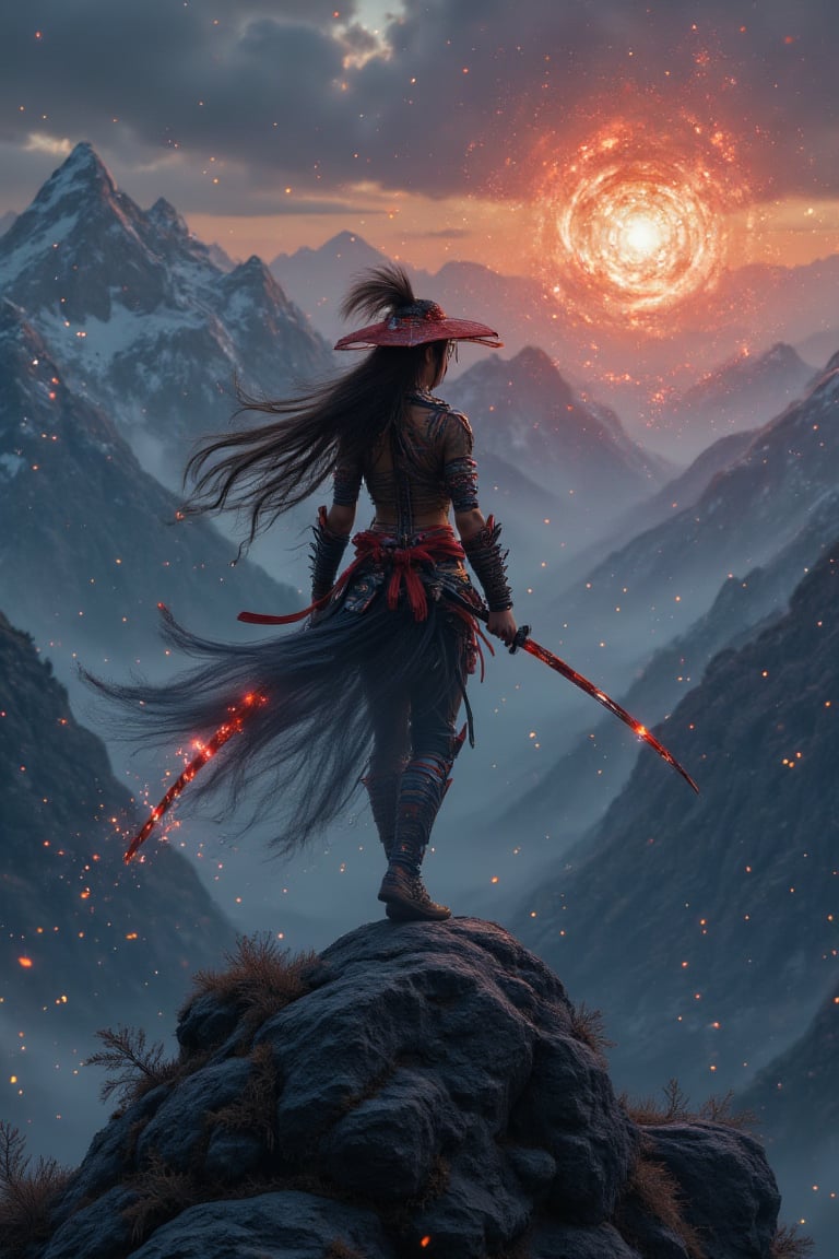 una mujer muy sexy de pie en la cima de una montaña nevada con una espada de fuego, very beautiful cyberpunk samurai, la guerra nocturna se desata detrás de él, Gran composición cinematográfica, tendencia en CGSociety art, tendencia en artstation.', tendencia en CGSociety, [ tendencia en CGSociety ]!!, composición intrincada y épica, Beeple cinematográfico, Imagen Hyper-realista 8K