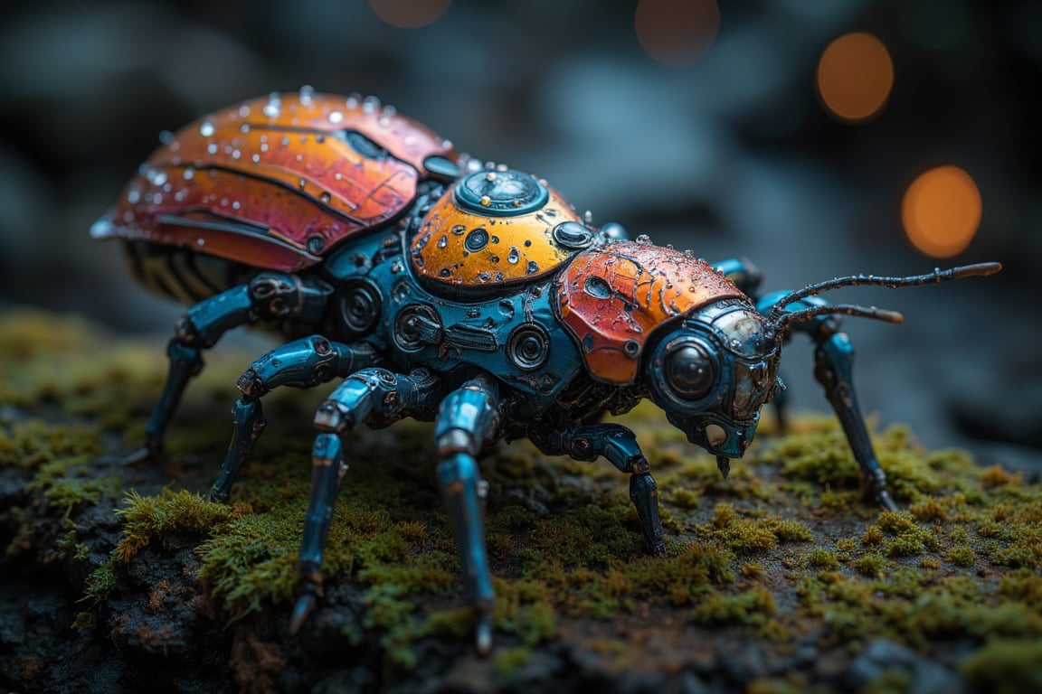 A close-up shot of a robotic Argyroneta aquatica, crafted from ultra-detailed metallic pieces in vibrant colors, situated on a humid mossy surface. The robot's body glistens with tiny rivulets of condensation, resembling delicate veins, as dew droplets cling to its surface like microscopic jewels. The lighting is dimly lit, with a warm glow emanating from the surrounding environment, accentuating the intricate textures and metallic sheen.