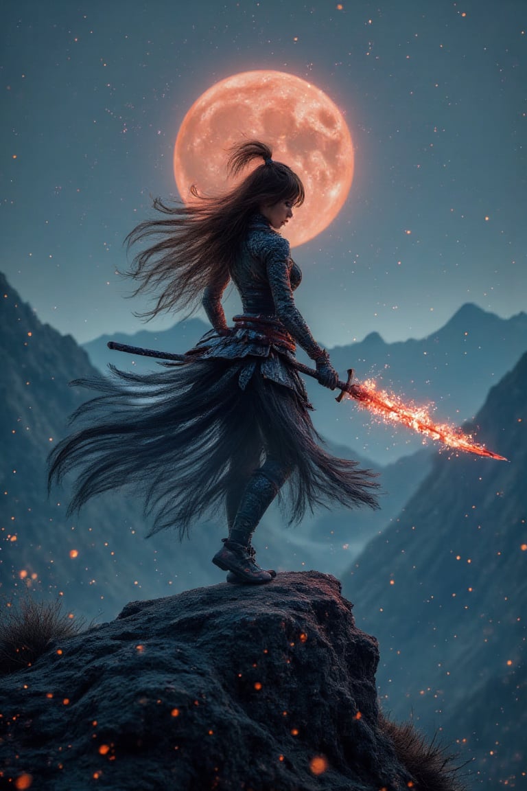 una mujer muy sexy de pie en la cima de una montaña con una espada de fuego, very beautiful cyberpunk samurai, la guerra nocturna se desata detrás de él, Gran composición cinematográfica, tendencia en CGSociety art, tendencia en artstation.', tendencia en CGSociety, [ tendencia en CGSociety ]!!, composición intrincada y épica, Beeple cinematográfico, Imagen Hyper-realista 8K