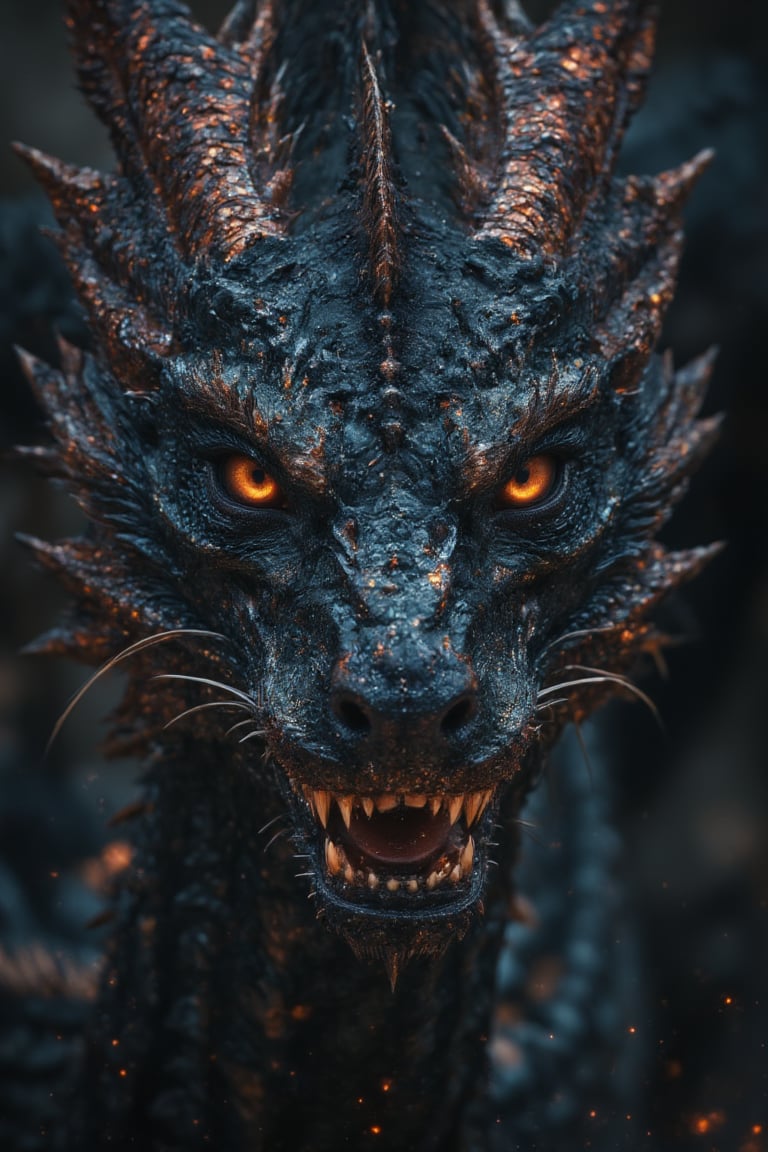 Un dragón de cuerpo completo negro con ojos rojos y dientes afilados está parado en la oscuridad., , alduin, Dragón negro, drogon, dragón con cicatrices, Un majestuoso dragón gótico, Dragón en el fondo fuego y llamas, dragón épico, Dracónico,, , jormungandr