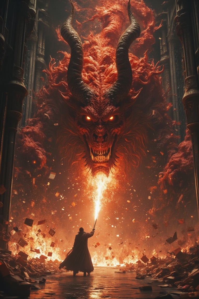 En una gran catedral gotica,  un hombre se encuentra en una feroz batalla contra un demonio rojo gigantesco y amenazador q...
