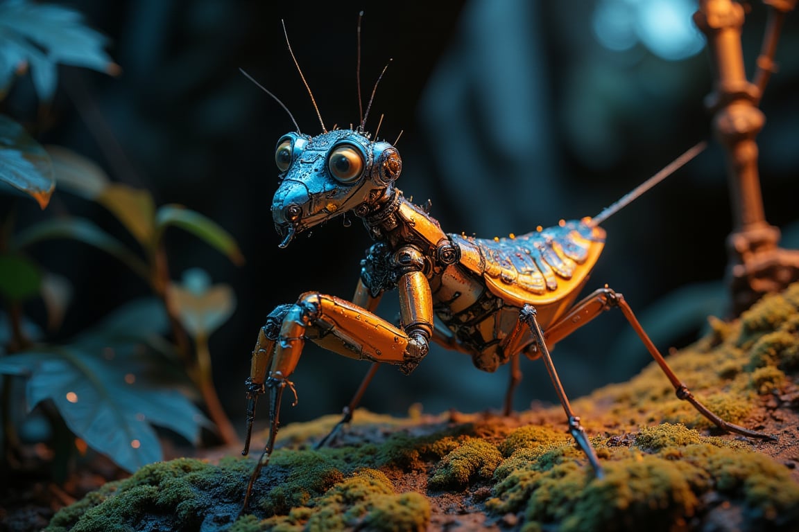 A close-up shot of a robotic Mantis religiosa, crafted from ultra-detailed metallic pieces in vibrant colors, situated on a humid mossy surface. The robot's body glistens with tiny rivulets of condensation, resembling delicate veins, as dew droplets cling to its surface like microscopic jewels. The lighting is dimly lit, with a warm glow emanating from the surrounding environment, accentuating the intricate textures and metallic sheen.