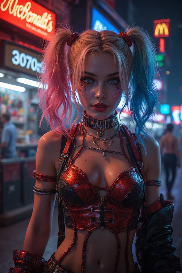 imagen completa de Harley Quinn con los colores y logotipo de publicidad de la marca "McDonald's", al fondo un cartel de la misma marca y un letrero de neon con el texto "Riky.IA" Imagen Hyper-realista 8k con altos detalles de IA
