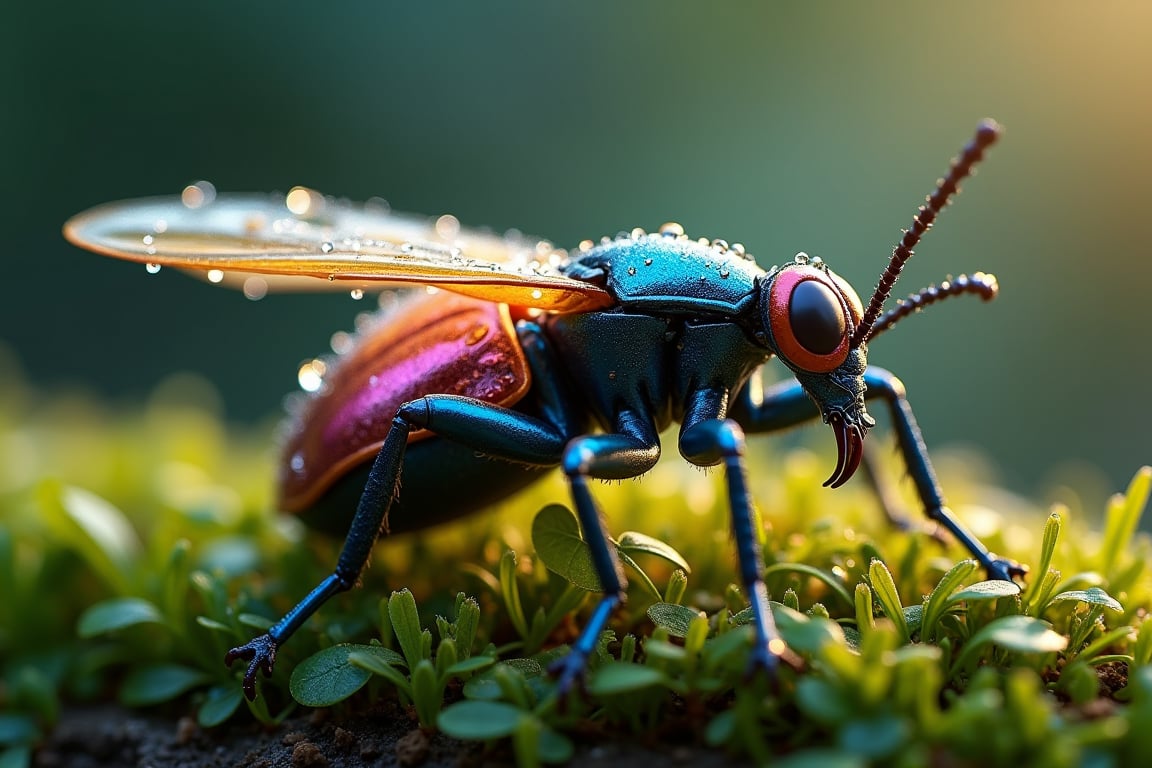 A 8K realistic image of an Empusa pennata, crafted from ultra-detailed robotic parts with metallic sheens in vibrant colors. The insect sits atop a bed of damp moss, its body glistening with dew droplets that refract the soft, diffused light. Framed against a subtle greenish hue, the subject's iridescent wings and shimmering exoskeleton seem to radiate an otherworldly glow, as if infused with microscopic life.