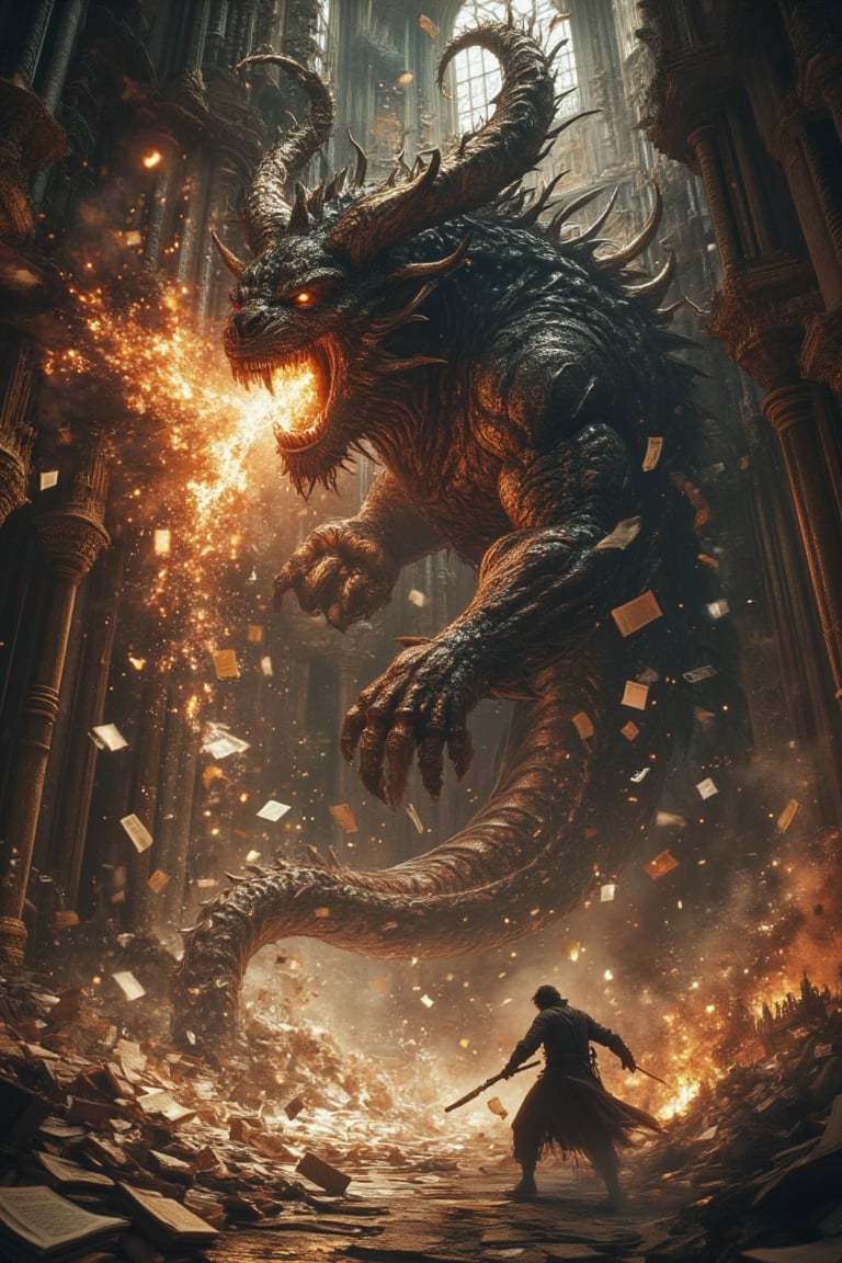 En una gran catedral gotica,  un hombre se encuentra en una feroz batalla contra un demonio gigantesco y amenazador. El de...