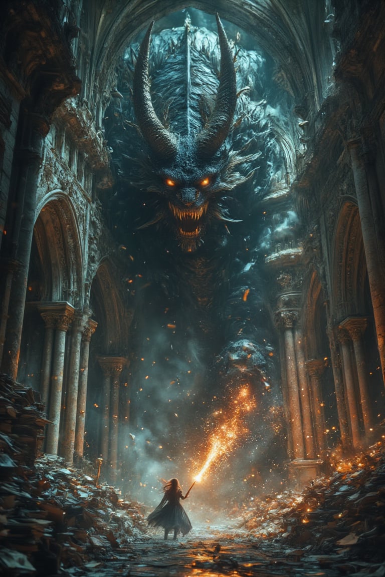 En una gran catedral gotica,  una mujer se encuentra en una feroz batalla contra un demonio asimetrico y retorcido de humo...