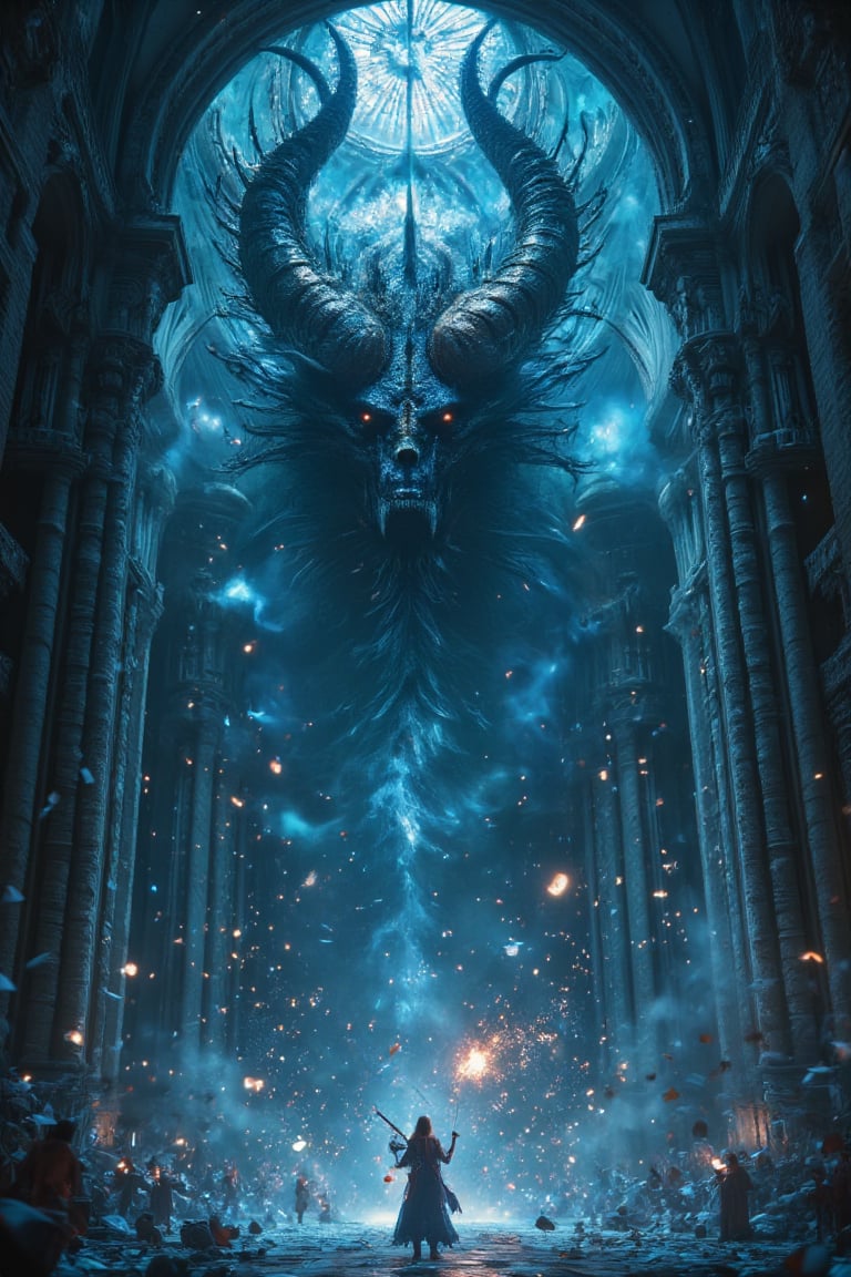 En una gran catedral gotica,  una mujer se encuentra en una feroz batalla contra un demonio retorcido de humo azul gigante...