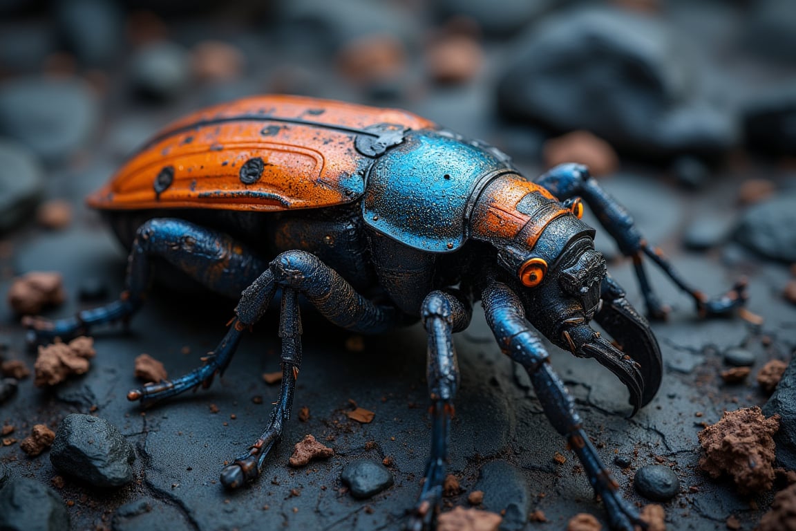 una imagen 8K Realista de un Attacus atlas, realizado con piezas de robot, ultradetallados y con tonos metaliscos, sobre una capa de musgo humedo, con gotas de rocio