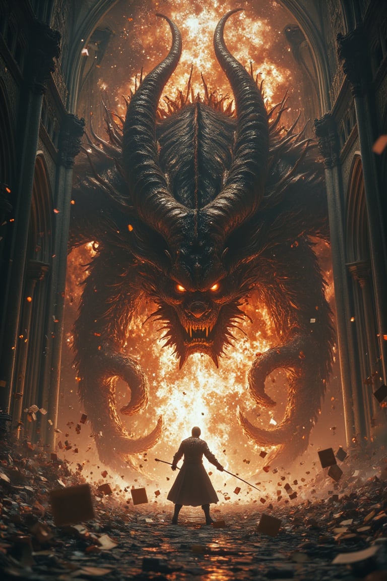 En una gran catedral gotica,  un hombre se encuentra en una feroz batalla contra un demonio gigantesco y amenazador. El de...