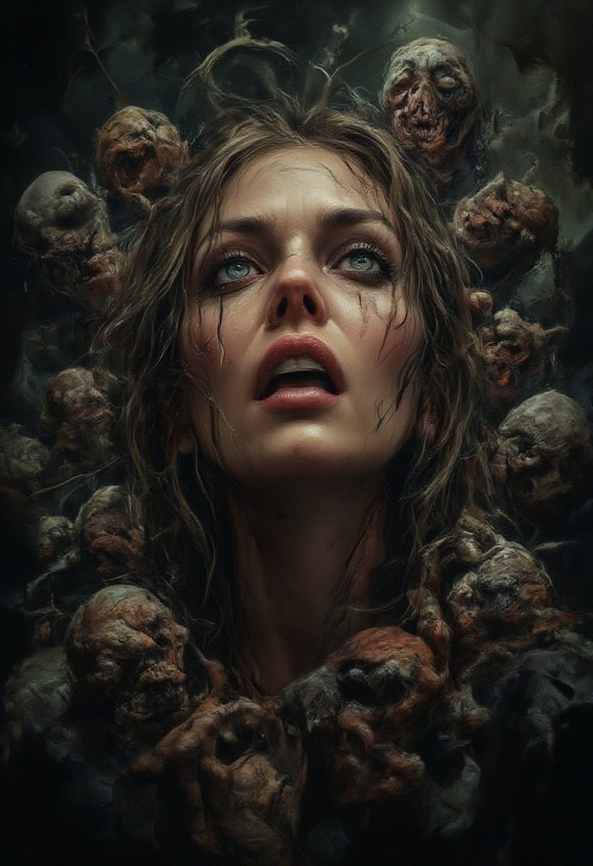 acuarela, mojado sobre mojado, rayas de pintura, pintura de acuarela, ilustración, mujer, grita, horror, monstruos, tentáculos, fantasmas, gritos, horror, atmósfera oscura, contraste, surrealista, cancelación de ruido. Una mujer asustada y gritando , cacofonía de pesadilla que lo rodea. Monstruos grotescos con fauces abiertas y miembros retorcidos gritan en silencio, con los rostros contorsionados de rabia. Tentáculos sombríos y espectros etéreos se arremolinan amenazadoramente alrededor de su cabeza.