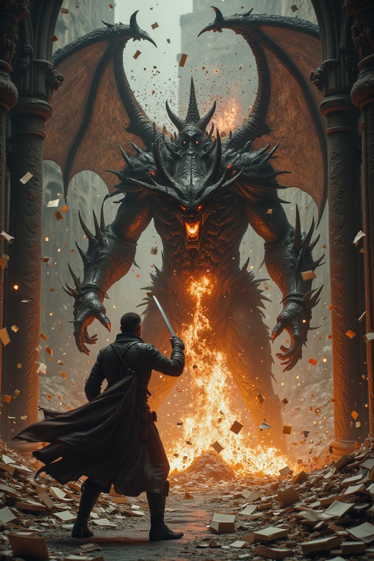 En una gran catedral gotica,  un hombre se encuentra en una feroz batalla contra un demonio gigantesco y amenazador. El de...