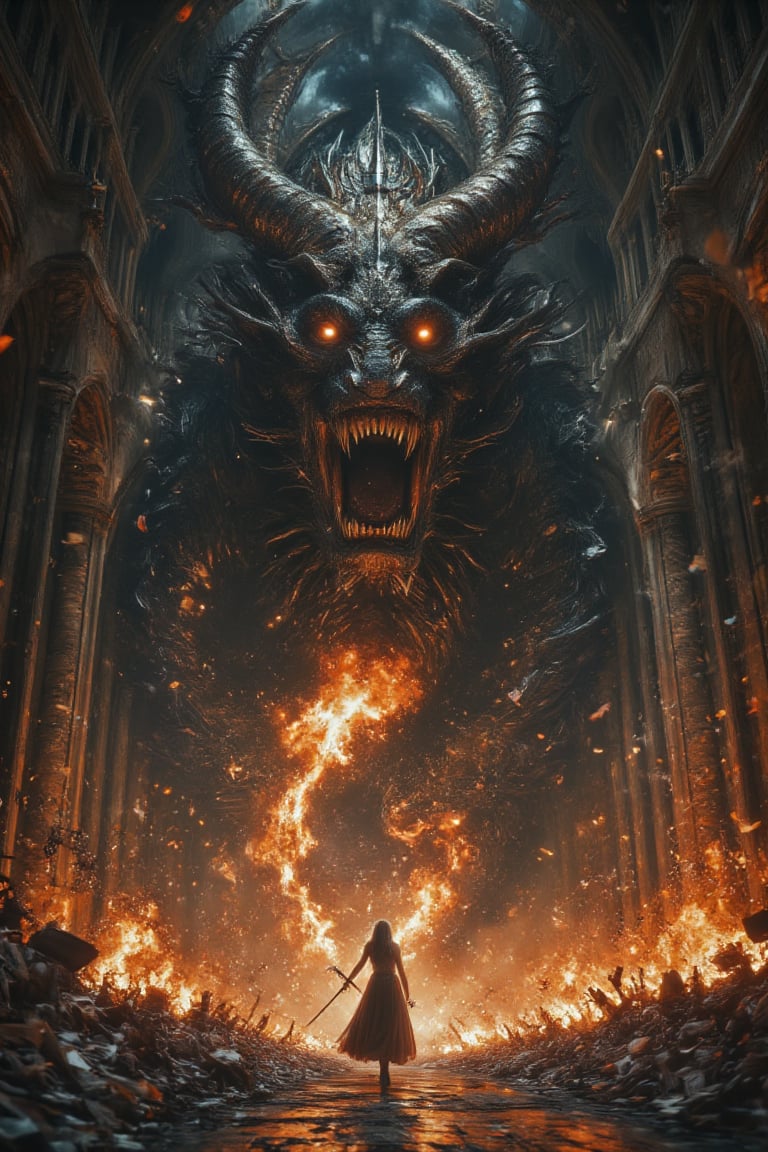 En una gran catedral gotica,  una mujer se encuentra en una feroz batalla contra un demonio retorcido de humo naranja giga...