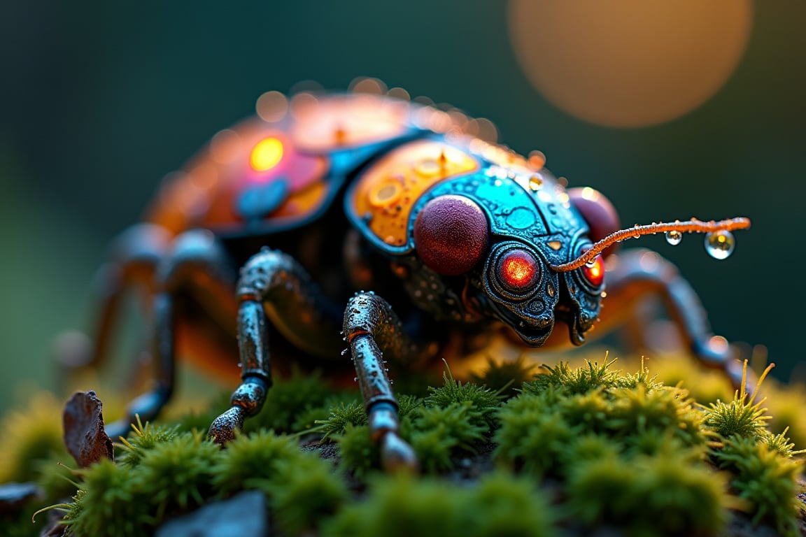 A close-up shot of a robotic "Argyroneta aquatica", crafted from ultra-detailed metallic pieces in vibrant colors, situated on a humid mossy surface. The robot's body glistens with tiny rivulets of condensation, resembling delicate veins, as dew droplets cling to its surface like microscopic jewels. The lighting is dimly lit, with a warm glow emanating from the surrounding environment, accentuating the intricate textures and metallic sheen.