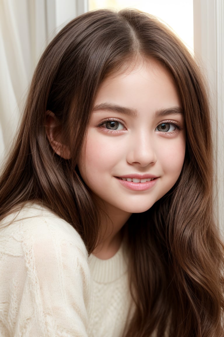 A preteen beauty,  an 11-year-old tween girl with a petite yet well-formed physique,  exudes cuteness and sweetness in a s...