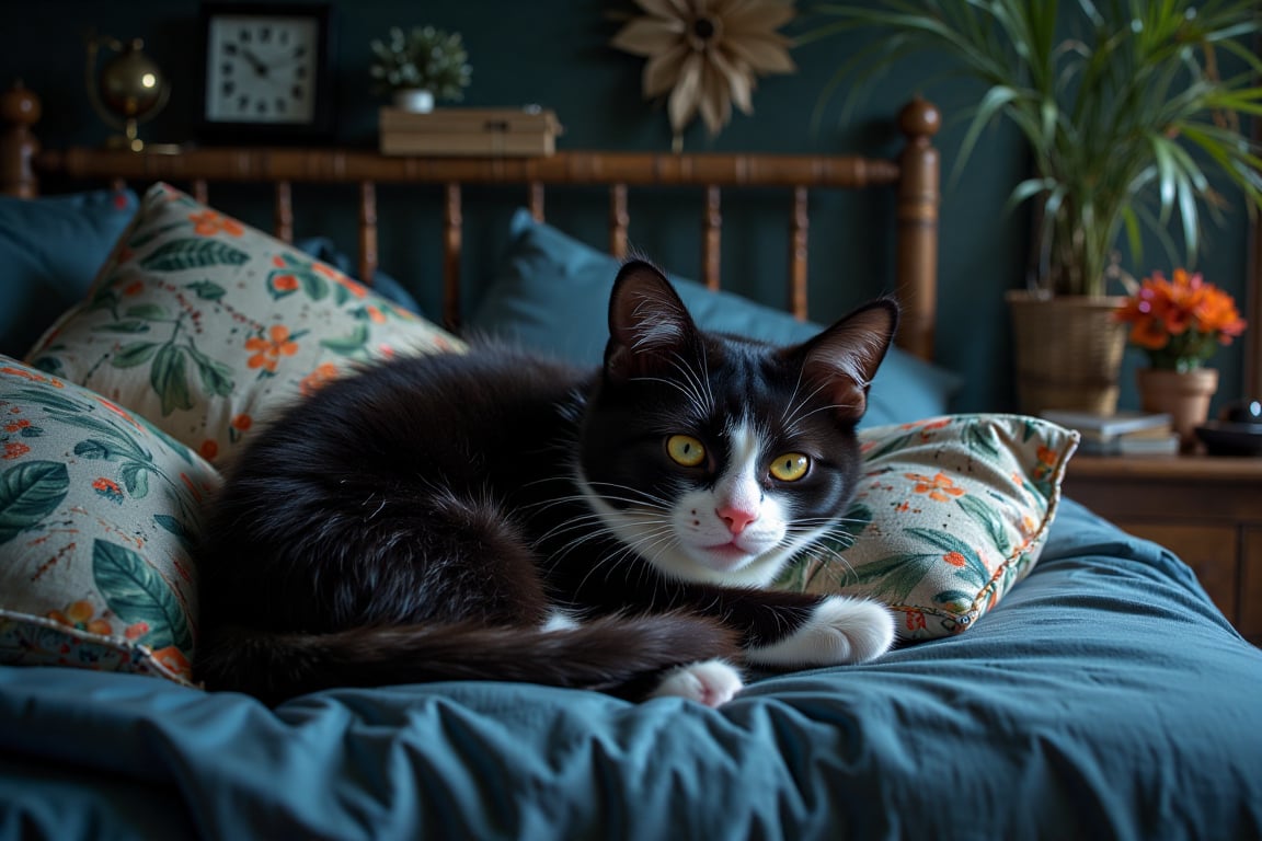 **Character and Look:**  
A young, sleek tuxedo bicolor cat, Shadow, is curled up comfortably on his bed in his jungle kingdom home. With a small, slightly muscular build, he embodies a sense of peacefulness. His striking tuxedo pattern features jet-black fur on his back, sides, and the top of his head, while crisp white fur adorns his chest, paws, and a distinctive white patch around his mouth. Shadow’s delicate face is framed by white fur, enhancing his calm demeanor.

**Pose and Expression:**  
Shadow is peacefully asleep with his large, yellow-green eyes closed, showcasing a serene and content expression. His tiny pink nose twitches occasionally as he dreams, surrounded by the softness of his fur. The cat is curled into a snug ball, with his paws tucked beneath his body, radiating warmth and tranquility.

**Outfit:**  
Shadow wears a simple sky-blue shirt and plain pajamas, adding to his cozy, relaxed appearance as he enjoys a peaceful nap.

**Scene Description:**  
Set in his jungle kingdom home on a dark, cloudy, and slightly scary night, the room features walls made of natural materials like bamboo and leaves, decorated with vibrant jungle plants and flowers. A cozy bed made of soft leaves and cushions is nestled in a corner, providing a perfect resting spot. Outside, shadows dance on the walls as the wind rustles the leaves, adding a sense of mystery. The dappled light from the room contrasts with the ominous darkness outside, creating a cozy haven for Shadow. The overall scene conveys a sense of comfort and security, perfect for capturing the essence of a content cat at rest amidst the eerie night.

**Additional Details:**  
- **Age:** 2 years  
- **Height:** 20 inches (when standing)  
- **Fur Pattern:** Classic tuxedo (black back, sides, and top of head; white chest and paws; distinct patch on the face)  
- **Body:** Thin, sleek, and slightly muscular  
- **Expression:** Serene, peaceful, with a hint of contentment  