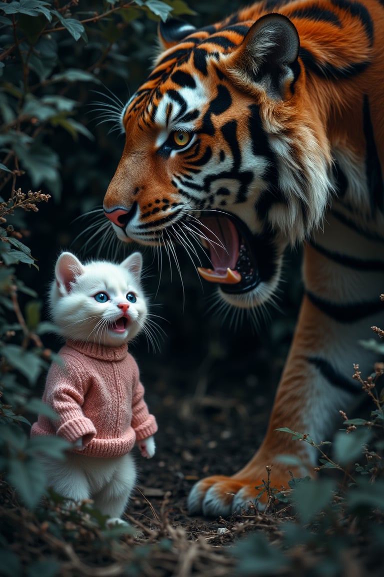 Characters: The cute white kitten girl and a fierce tiger.
Outfit: The cute kitten girl wears her light pink sweater, which is now tattered and damp.
Scene Description: The scene captures a tense moment as a fierce tiger emerges from dense bushes, its powerful body accentuated by the shadows of the surrounding vegetation. The tiger's fur is a vibrant orange with bold black stripes, and its eyes are locked onto the little kitten girl with an intense, predatory gaze. The tiger is mid-roar, showing its sharp teeth and fierce expression, creating an atmosphere of imminent danger. The cute white kitten girl stands frozen in fear, her big expressive eyes wide with terror. Her light pink sweater clings to her slightly damp body, and her white fur is ruffled by the evening breeze. The backdrop features thick, dark foliage, emphasizing the contrast between the predator and the vulnerable kitten girl, heightening the sense of urgency in this heart-stopping moment.

