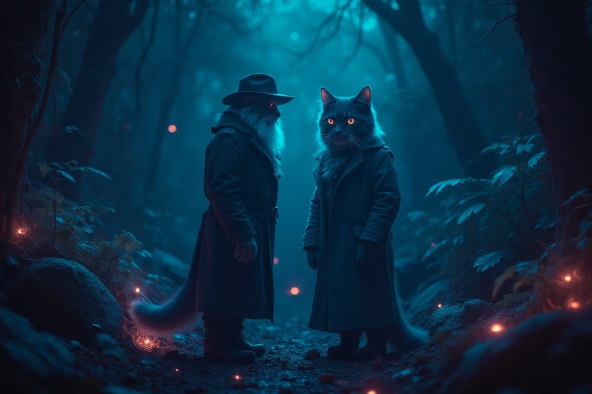 Create a glowing jungle scene at night, with vibrant luminescent plants illuminating the background. In the foreground, depict a silhouette of tuxedo cat detective standing on hind paws. He stands confidently in an oversized dark gray trench coat and a weathered floppy hat, with a fluffy white beard visible, while ensuring his face is obscured.