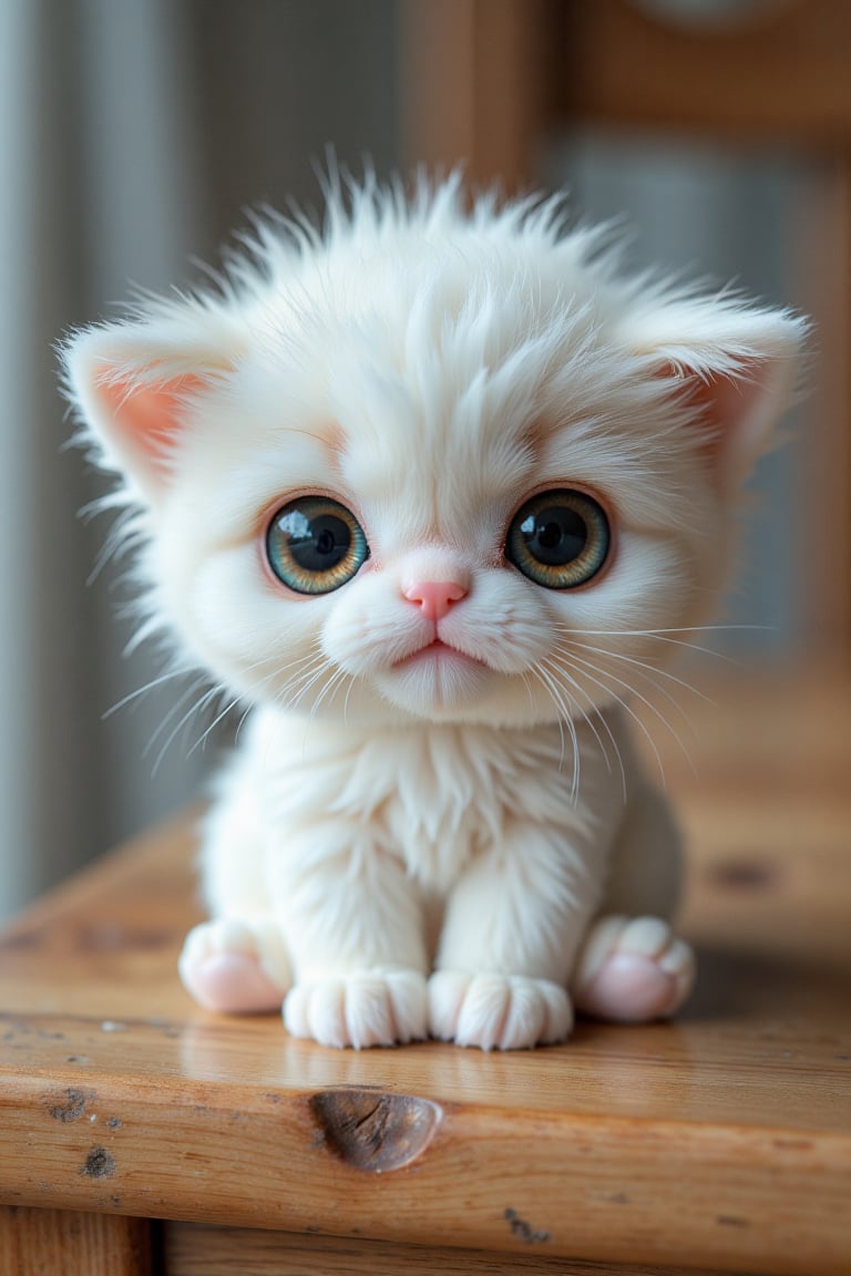 Here’s the revised prompt for generating a close-up photo of the washed soft toy, with the toy placed on the table:

---

### Scene: Close-Up of the Washed Toy on the Table

**a. Toy Look:**  
- **Toy:** A small, round-faced soft white kitten toy that has just been washed in the washing machine. Its once fluffy fur is now dry and straight, resembling hair that has been shocked. The texture is noticeably altered, lacking the original fluffiness, and the toy’s big sparkling eyes still reflect its innocence, though the smile appears slightly forlorn. The muddy remnants have been washed away, revealing a brighter but less cuddly appearance.

**b. Image Description:**  
In a hyper-realistic close-up photo, the focus is entirely on the soft white kitten toy resting on a wooden table. The image captures the stark transformation of the toy’s fur, which is now dry and straight, highlighting the change from its original fluffy state. The details of the toy, including its big sparkling eyes and small pink nose, are clearly visible, showing a hint of nostalgia for its previous condition. The soft wood grain of the table adds warmth to the scene, while the background is softly blurred to emphasize the toy, drawing attention to its delicate features and the new texture of its fur, evoking a sense of bittersweet charm after its journey through the washing machine.

---

Let me know if you need any more adjustments or additional details!