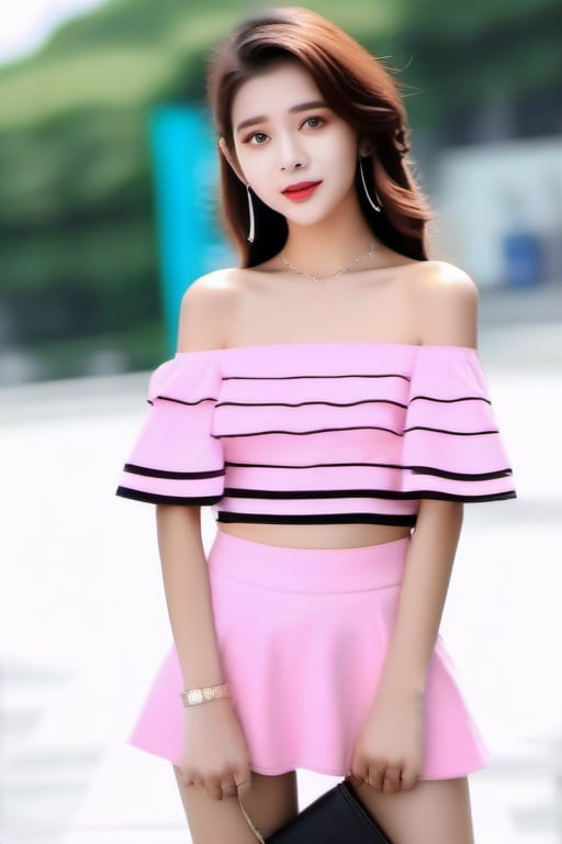 Pink offshoulder top with black skirt location shopping male
