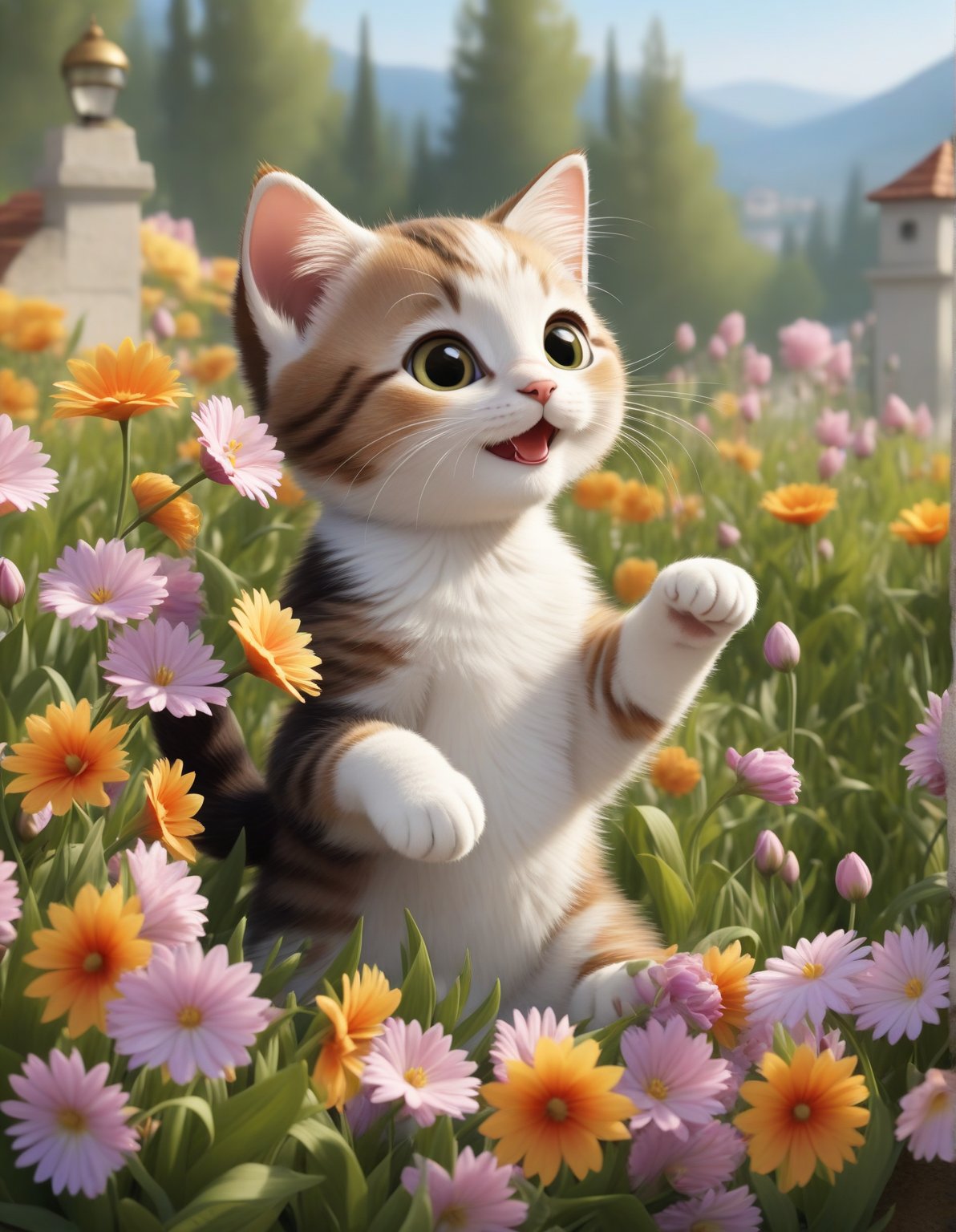 cute cartoon character, cat enjoying springtime flowers, (((masterpiece))),(best quality)