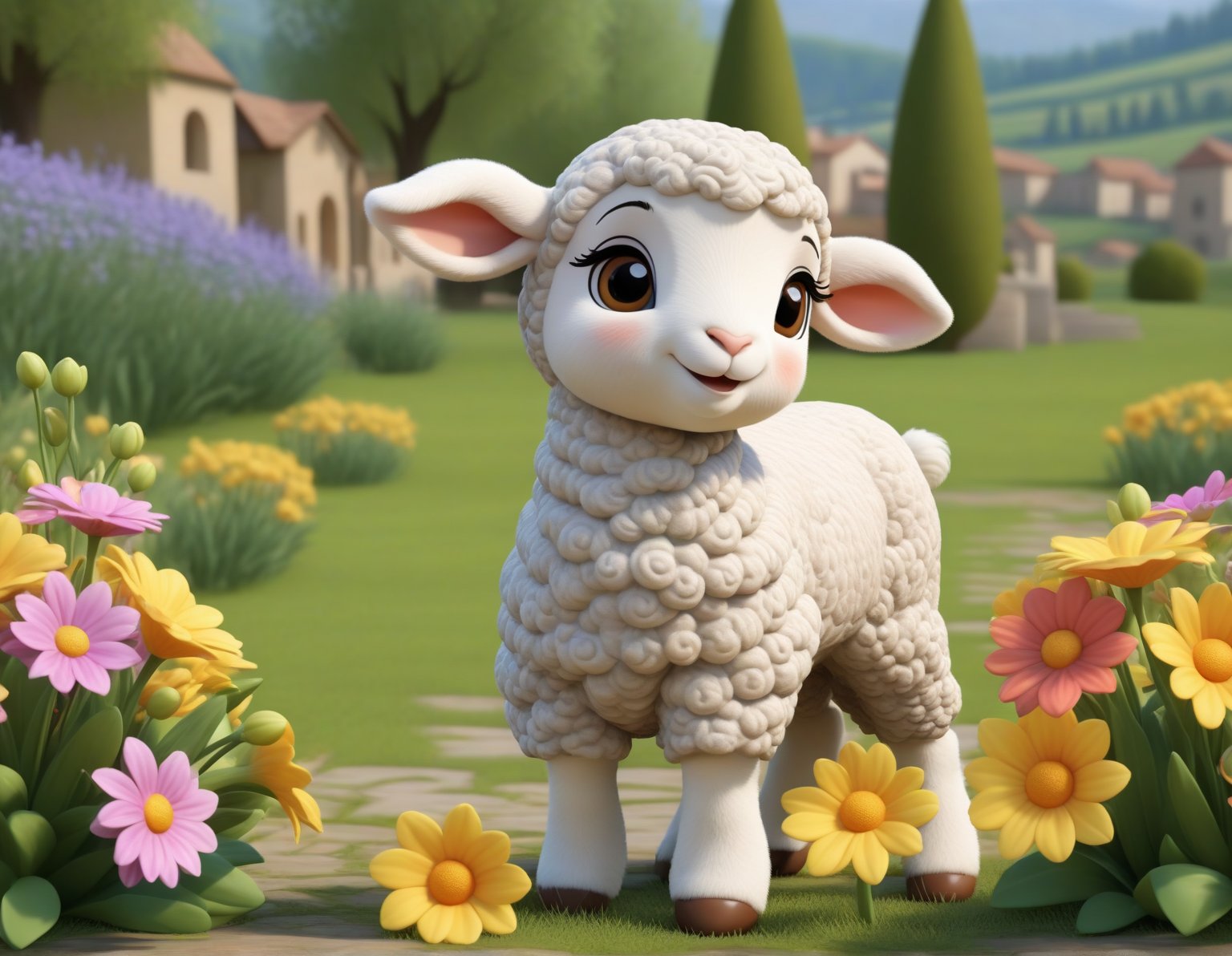 cute cartoon character, lamb enjoying springtime flowers, (((masterpiece))),(best quality)