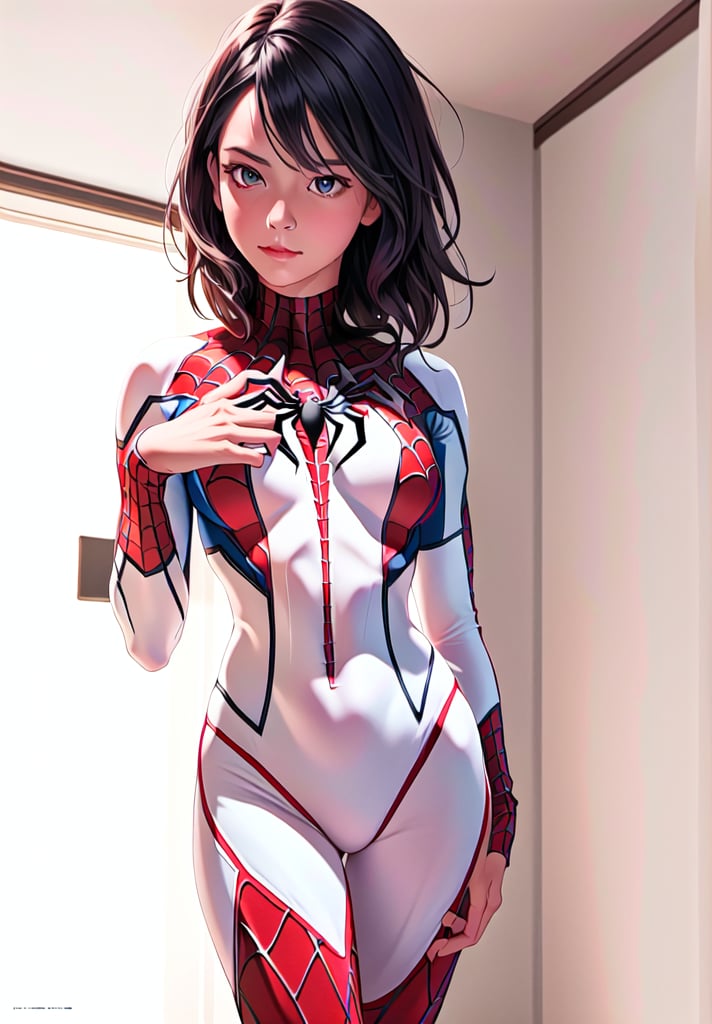 Masterpiece, Best quality, Photorealistic, Ultra-detailed, fine detail, high resolution, 8K wallpaper, an image of spiderwoman in a room, wearing a full black spiderman suit without the mask, stunning spiderman suit, authentic spiderman suit