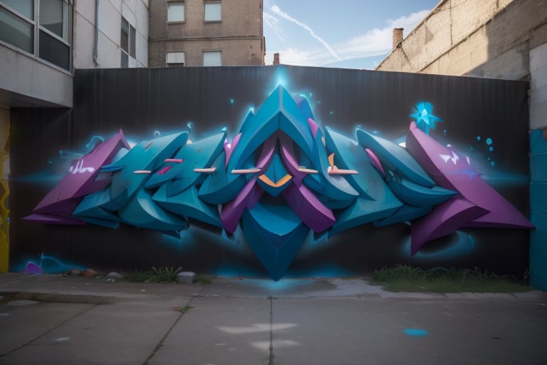 A vibrant alleyway unfolds before us,  framed by towering brick walls that burst with colorful graffiti. The air is electr...