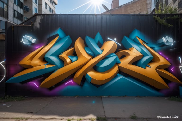 In a forgotten corner of Brooklyn's bustling neighborhood,  the imposing Graffiti 3D WHIT text: JAHZ Graffiti 3D rises maj...