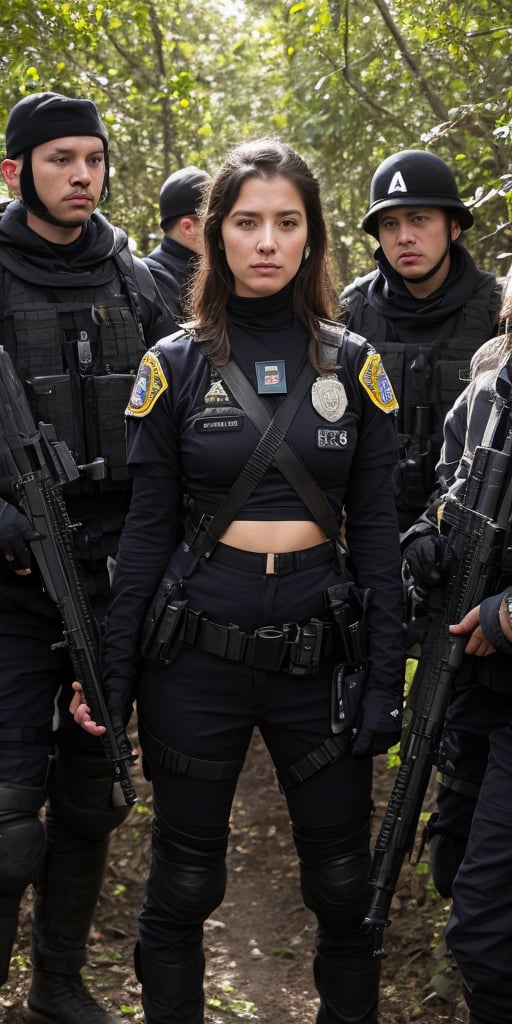 A fragmented individual,  constructed from mismatched parts,  stands before a camouflaged militia group. Their patchwork a...