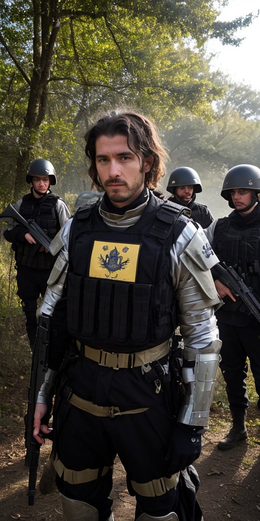 A fragmented individual,  constructed from mismatched parts,  stands before a camouflaged militia group. Their patchwork a...
