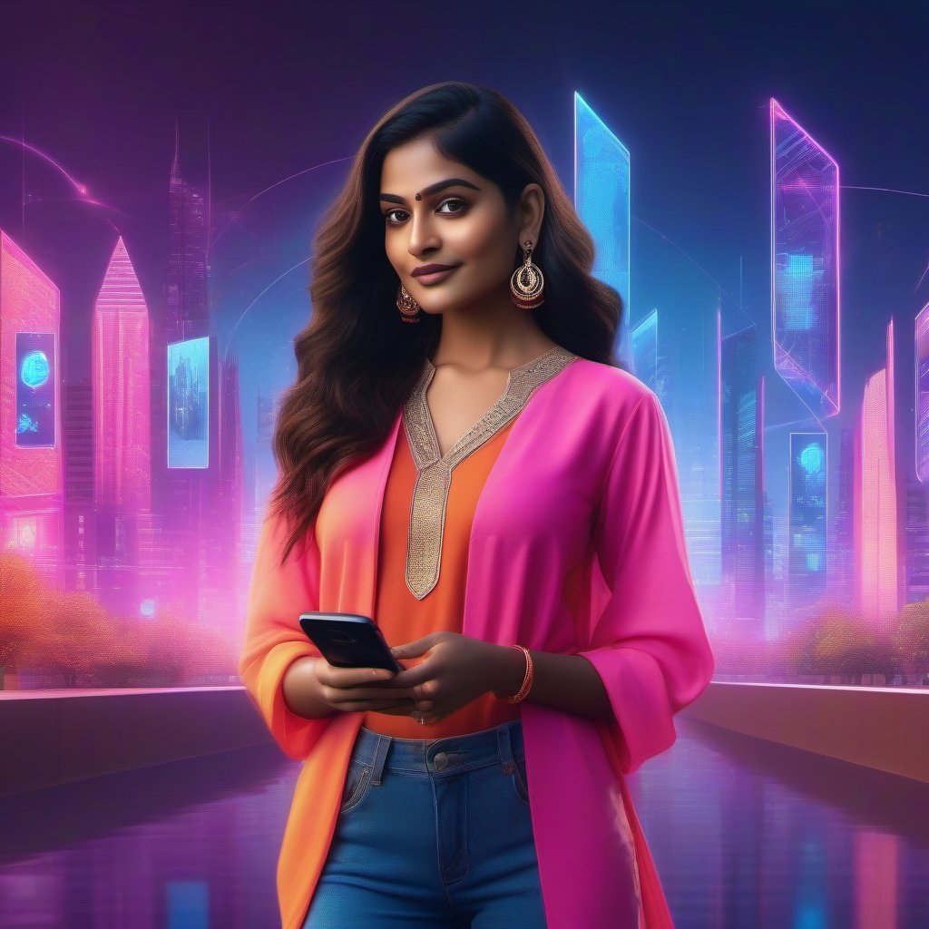 Confident Indian AI influencer model standing in front of a futuristic cityscape with holographic screens and digital icons. She wears a stylish kurta over jeans, her long, dark, wavy hair flowing down her back as she confidently holds a smartphone. Her friendly expression invites interaction, gesturing towards the viewer. The vibrant colors of her outfit pop against the neon-lit city backdrop, symbolizing her role as a tech-savvy bridge between cultures and digital worlds.