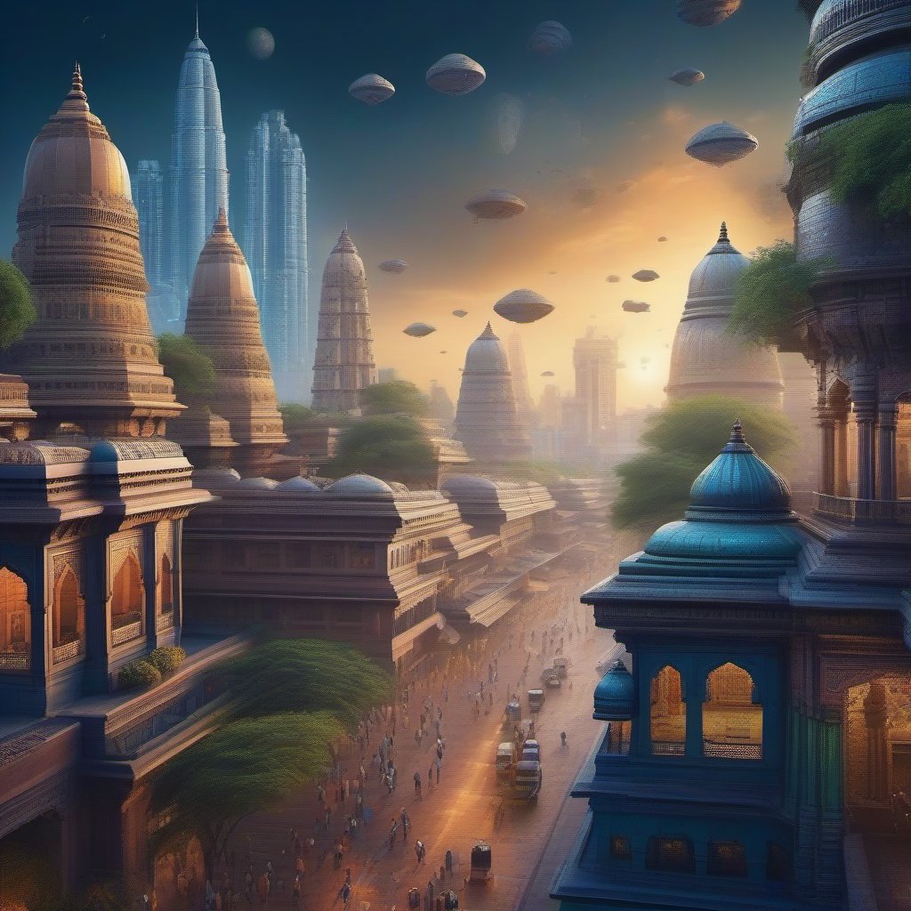 Create a visually striking image that illustrates India's significant influence in the field of artificial intelligence. The image should include a futuristic cityscape of an Indian metropolis, such as Bengaluru or Hyderabad, with modern skyscrapers and advanced technology. Integrate elements symbolizing AI, such as robots, neural network diagrams, and holographic interfaces, prominently in the scene. Highlight cultural aspects by including traditional Indian architecture or landmarks, seamlessly blending the old and the new. The overall color scheme should be vibrant, with a mix of deep blues, metallic silvers, and hints of saffron and green, reflecting India's national colors. The atmosphere should be dynamic and innovative, capturing the essence of technological advancement and cultural heritage.