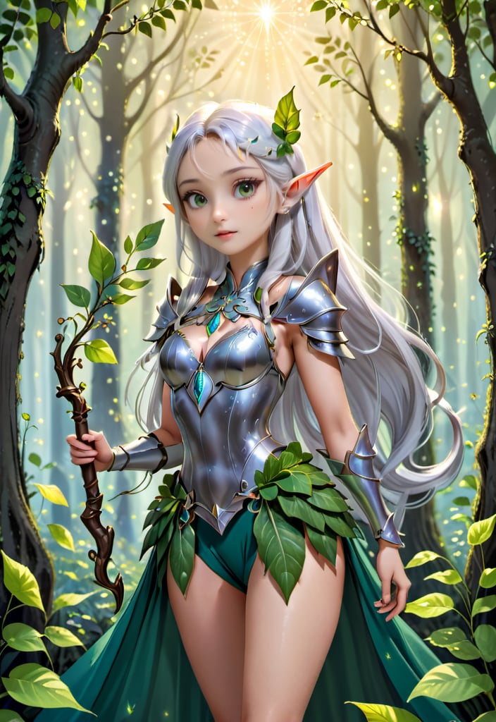 A tall, elegant elf with long, silver hair and pointed ears. She wears ornate armor made of leaves and silver, holding a glowing bow. The background is an enchanted forest with magical creatures and glowing flora.