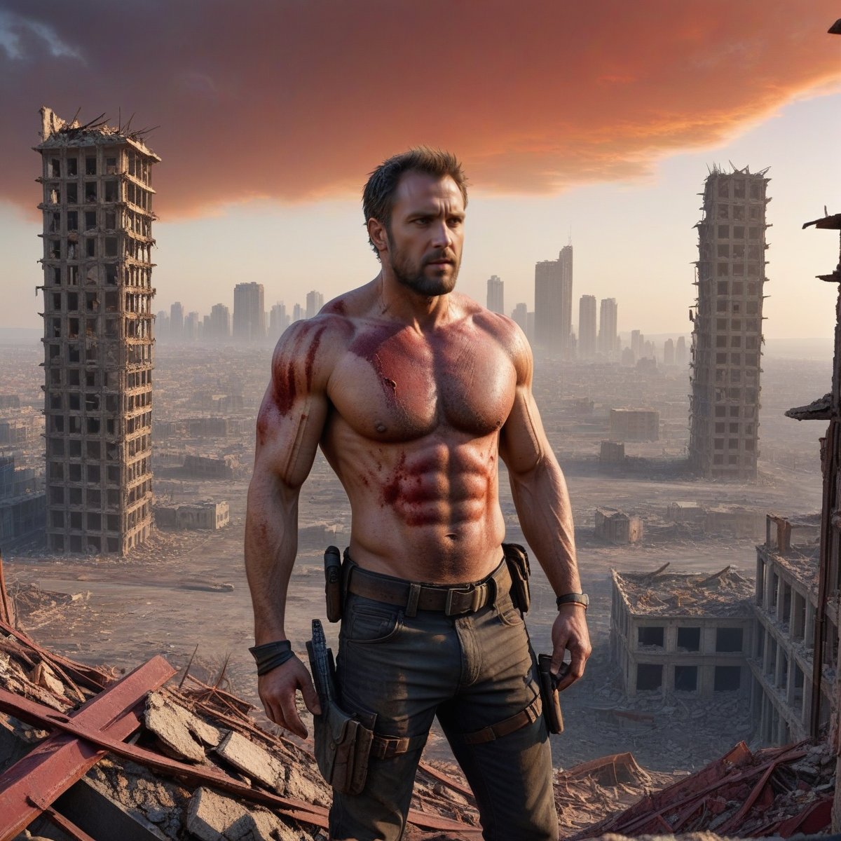 A hauntingly beautiful post-apocalyptic landscape with a sky in shades of red and orange, stuck in perpetual twilight. The jagged ruins of skyscrapers stand as skeletal remains against a barren, desolate landscape. The air is thick with ash and dust, and survivors can be seen scavenging through the rubble for food and water. A protagonist, Eli, a rugged man in his thirties with a weathered face, stands atop a crumbling building, scanning the horizon. Nearby, a small group of survivors, including a tall muscular man, a kind-eyed woman, and two twin mechanics, sift through debris, illustrating the harsh struggle for survival in this new world.
