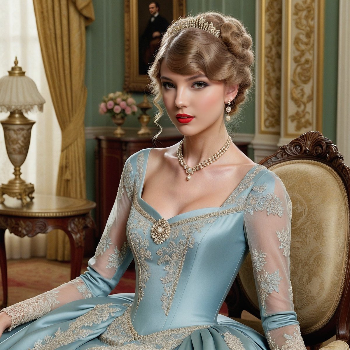 Create an image of Taylor Swift as a Victorian lady. She is dressed in an elegant, period-appropriate gown with intricate lace and embroidery. Her hair is styled in a classic updo with delicate accessories. The background is a lavish Victorian parlor, complete with ornate furniture and decorations.