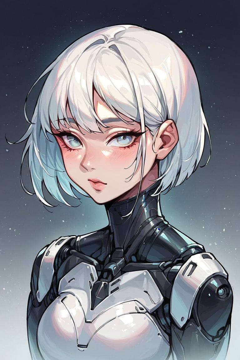 score_9, score_8_up, score_7_up, score_6_up, score_5_up, score_4_up, portrait, 1 woman, humanoid robot, 21 years old, korean, bob cut, beautiful face, black metal build body, highly detailed, ceramic plating:2.0, futuristic, aesthetic, light rays, volumetric fog, grey background, highly detailed