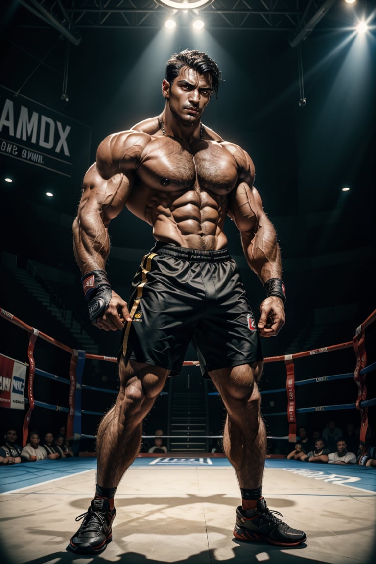 A cinematic masterpiece! A youthful Italian boxer, champion and bantamweight, stands proudly in the arena, wearing boxing gloves and exuding confidence. His handsome face is framed by a halo of black hair, accentuating his sharp jawline and piercing eyes. Chest hair and arm hair are visible beneath his rugged skin, as he sports a stylishly trimmed beard and stubble. In the dimly lit arena, dramatic cinematic lighting casts long shadows, highlighting the contours of his athletic physique. In the background, the Olympic rings symbolize his championship status. With an innocent expression, he gazes directly at the camera, inviting us to enter his world. Framed by a subtle vignette, this UHD image is a true masterpiece, capturing every detail with maximum quality and life-like realism.