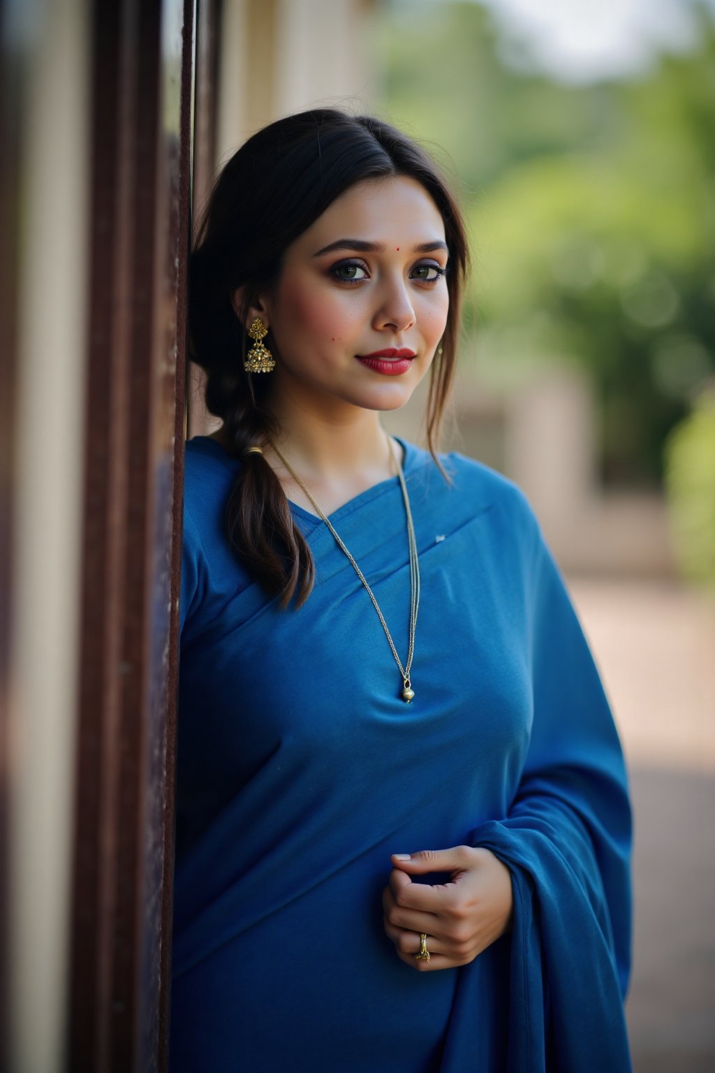 An ultra realistic image of a woman, wearing a blue saree and blouse, outdoors, leaning back on a wall, looking_at_viewer, red lips, gorgeous face, highly detailed