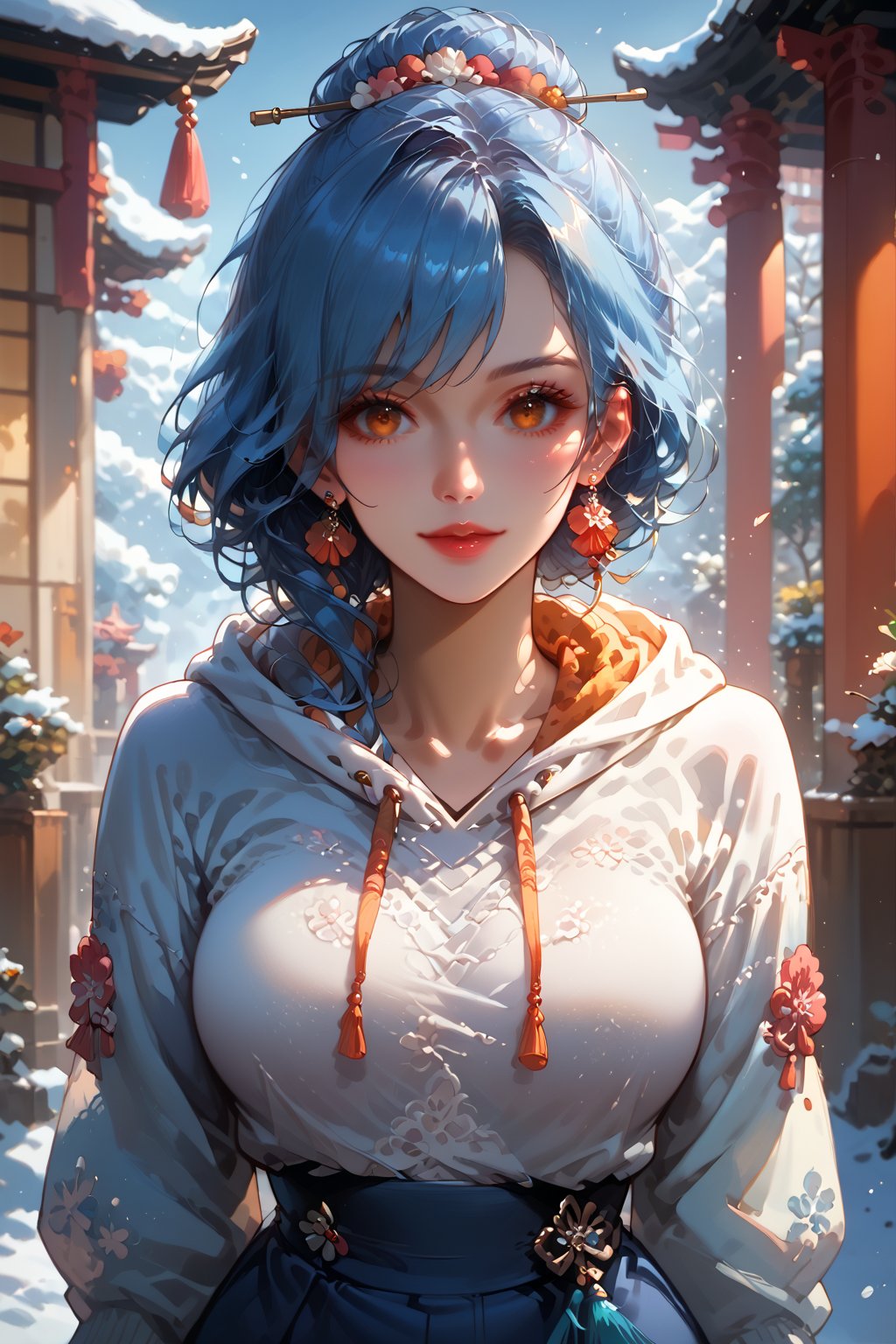 score_9, score_8_up, score_7_up, capture a mid-body shot of a youthful woman with vibrant blue hair and striking orange eyes, enveloped in a warm hoodie as she basks in the golden sunlight on a crisp winter day. Framed against a serene backdrop of soft, powdery snow, her figure is set amidst a quiet, idyllic atmosphere. POV: from just above waist-level.,Xxmix_Catecat,niji5,kamini