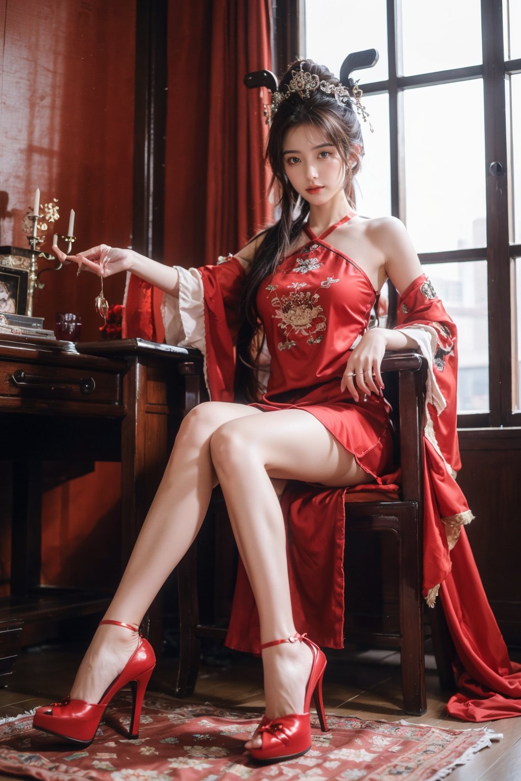   (masterpiece, best quality:1.2),1girl, A Chinese Queen sitting in a throne wearing high heels crossing legs.