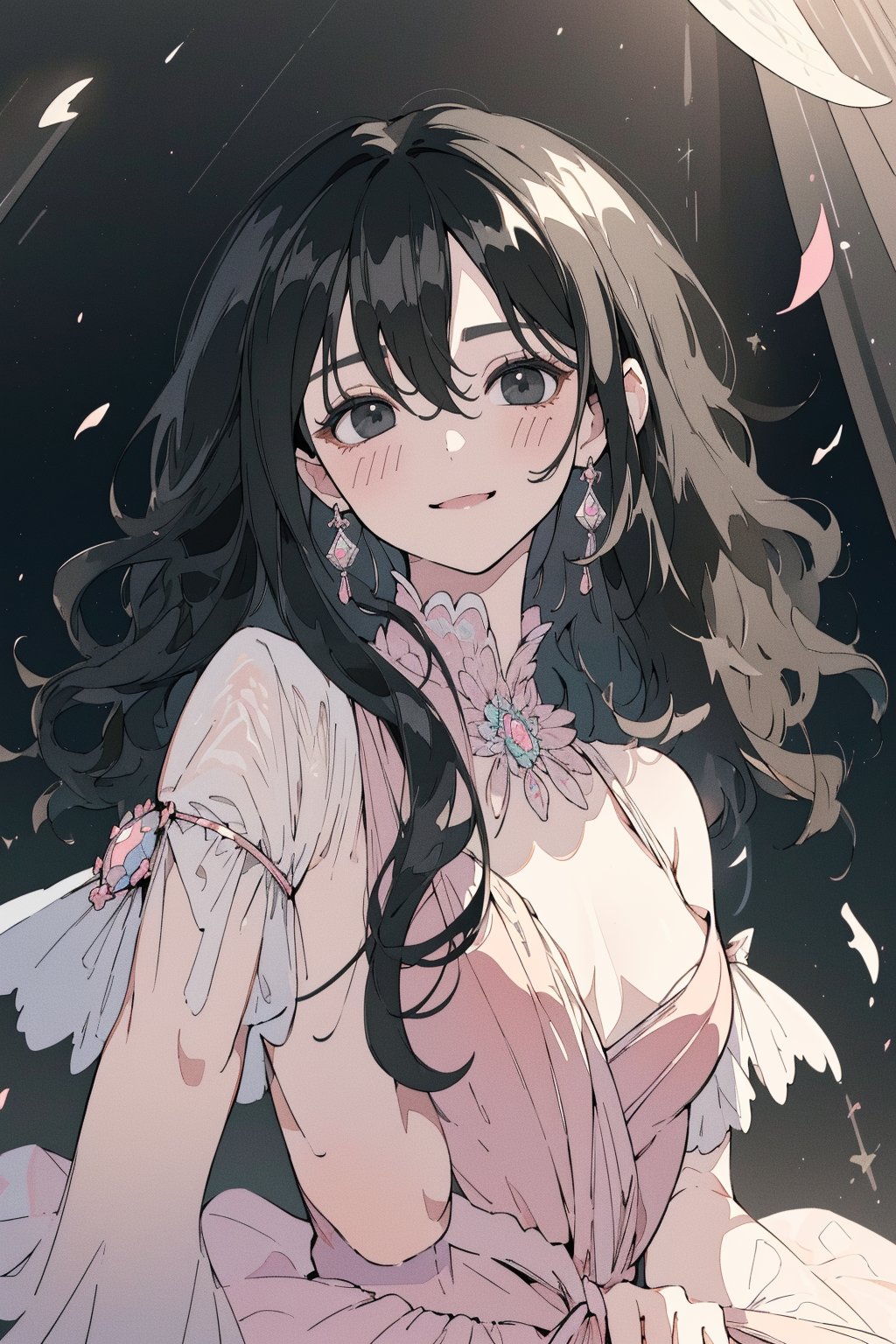 (masterpiece, best quality, highres:1.3), (Grey eyes, black hair, medium hair, wavy hair, hair between eyes, 1girl, small breasts) dreamlike, soft, pastel, vivid color, serenity, blush, smile, upperbody, looking_at_viewer, dress, stage, concert, idol, hair_ornaments, pink, black, white ,idol dress