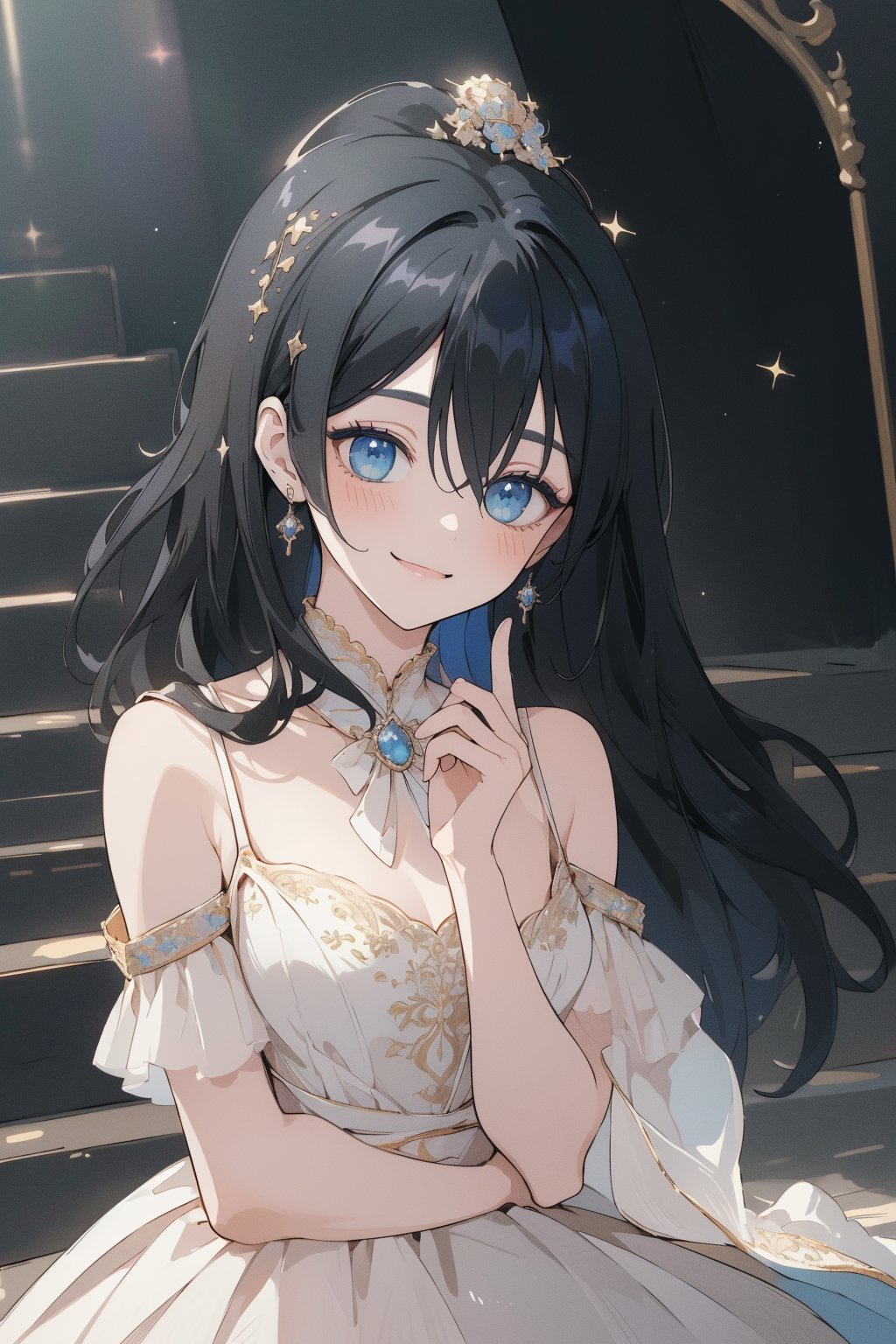 (masterpiece, best quality, highres:1.3), (blue eyes, black hair, medium hair, straight hair, hair between eyes, 1girl, small breasts) dreamlike, soft, pastel, vivid color, serenity, blush, smile, full body, looking_at_viewer, dress, stage, concert, idol, hair_ornaments, pink, black, white ,idol dress