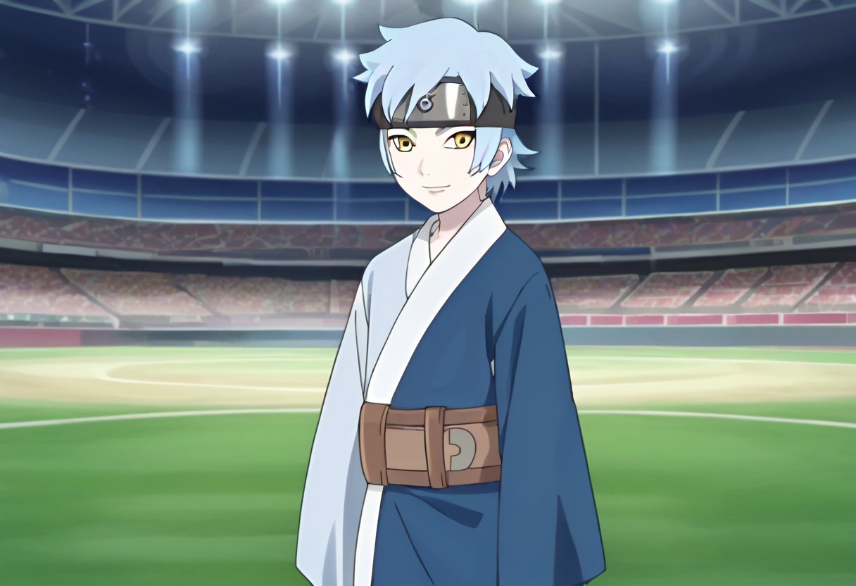 Full body, 1boy,solo,looking at viewer,Mitsuki,short hair,blue hair,forehead protector,konohagakure symbol,pale skin,yellow eyes,blue and navy kimono,belt,stadium background,SSBUSplashArt:1,anime_screencap,fake_screenshot,source_anime,fine anime screencap,style parody,official style,anime coloring