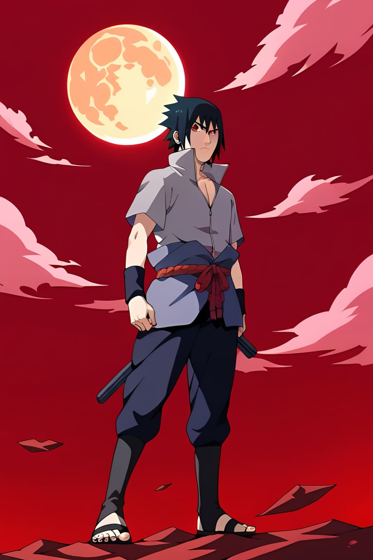 score_9,score_8,score_7,score_6,score_5,score_4,source_anime,full body, Sasuke Uchiha,look of contempt,black hair,sharingan eyes,red eyes,black hair, spiky hair,gray shirt with short sleeves,black arm guard,moon,red sky,big clouds,BREAK