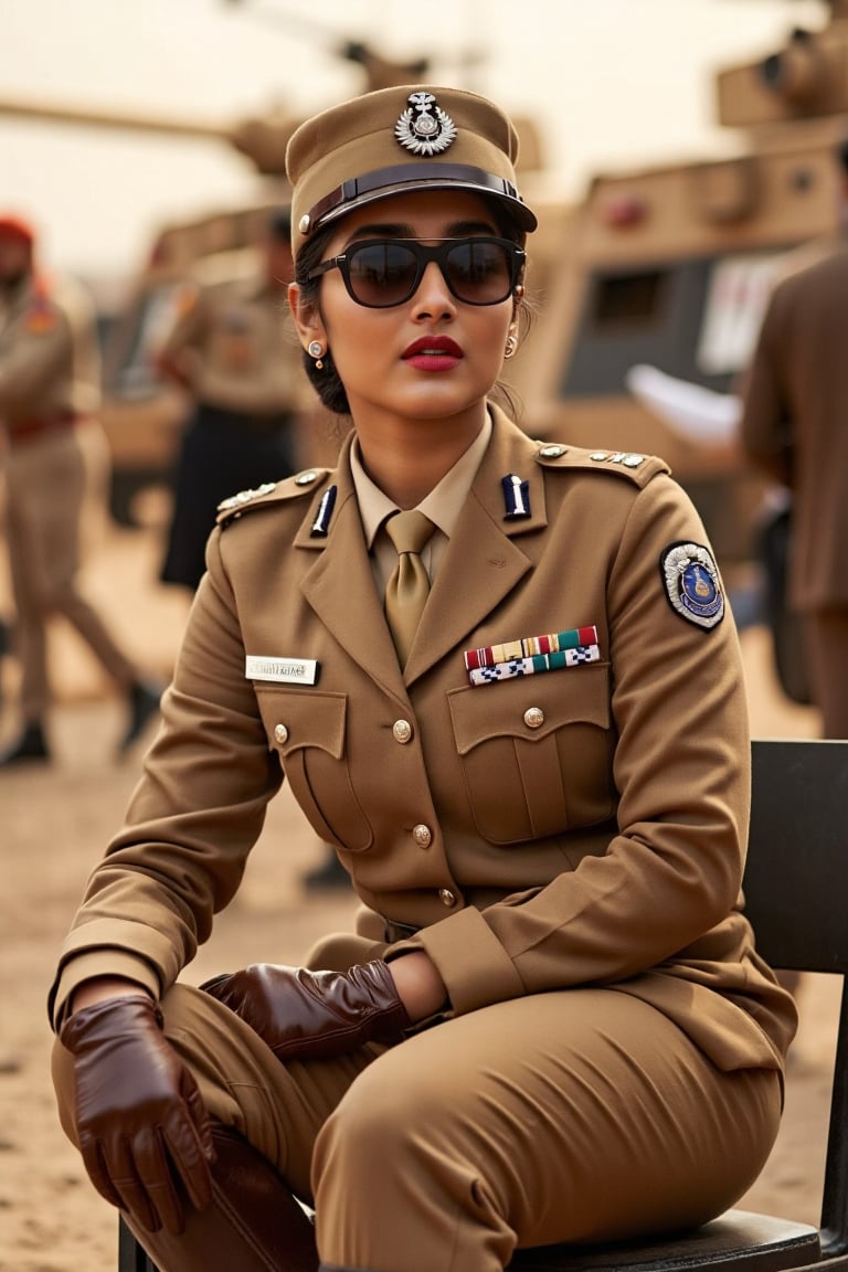 Score_9, score8_up, 16K, UHD:1.2, (masterpiece:1.5), UHD, close, focus, masterpiece, ultra-detailed, ultra-realastic, 8k, photorealistic, Gorgeous delhi alluring wife 25 years old , Amanpreet kaur sitting on chair, cross legs pose, with people in background, makup, red lipstick, earrings, (black dark sunglasses), bun hairstyle, officer police hat, ((wearing 2 piece suit of khaki police General blazer heavy uniform)), medal on blazer ,tie, overcoat, knee boots, ((brown leather gloves)), ((formal khaki trouser)), ((wearing brown shiny leather knee boots heeled)), background is Millitary tanks in desert.idol, Beauty, ((Full body shot))