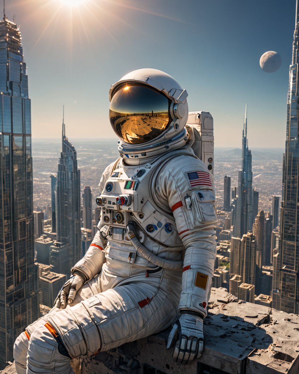 (otherworldly), highly insanely detailed, masterpiece, top quality, best quality, highres, 4k, 8k, RAW photo, (very aesthetic, beautiful and aesthetic),
Under the scorching sun, a colossal astronaut sits atop a skyscraper, gazing towards the lunar sphere in the sky. People go about their daily routines below, seemingly oblivious to the presence of this giant figure.